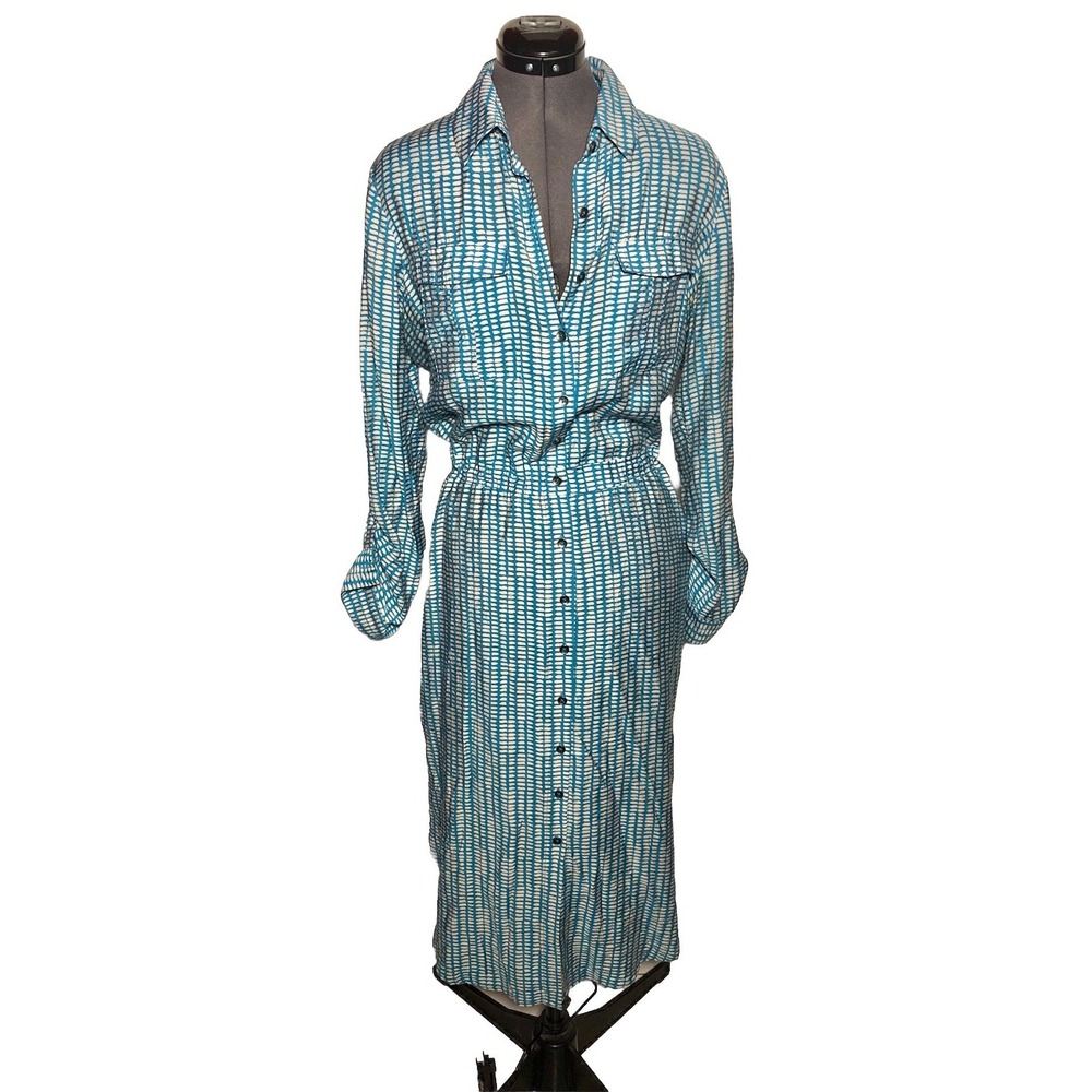 Maeve Anthropologie Blue White Button Front Shirt Dress Rayon Blend Women's 12